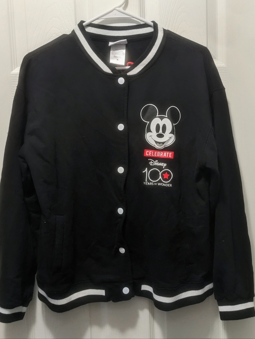 Disney Women’s 100 Years Varsity Jacket Size M Black Snap Embroidered